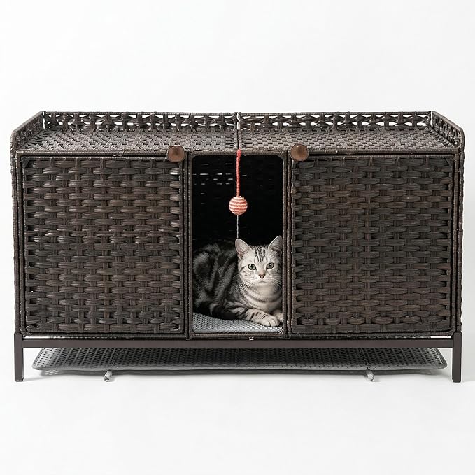 Cat Litter Box Enclosure Furniture, Handwoven Rattan Cat Houses, Hidden Cat Washroom Furniture with Door/Mat, Large Space Cat Houses with S-Shaped Hooks, Living Room, Bedroom, Brown