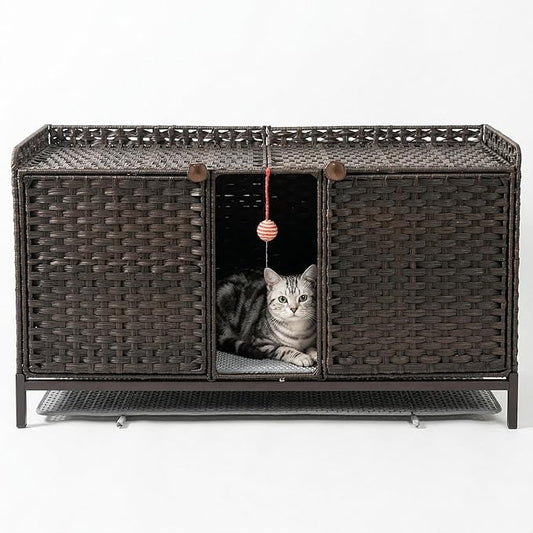 Cat Litter Box Enclosure Furniture, Handwoven Rattan Cat Houses, Hidden Cat Washroom Furniture with Door/Mat, Large Space Cat Houses with S-Shaped Hooks, Living Room, Bedroom, Brown