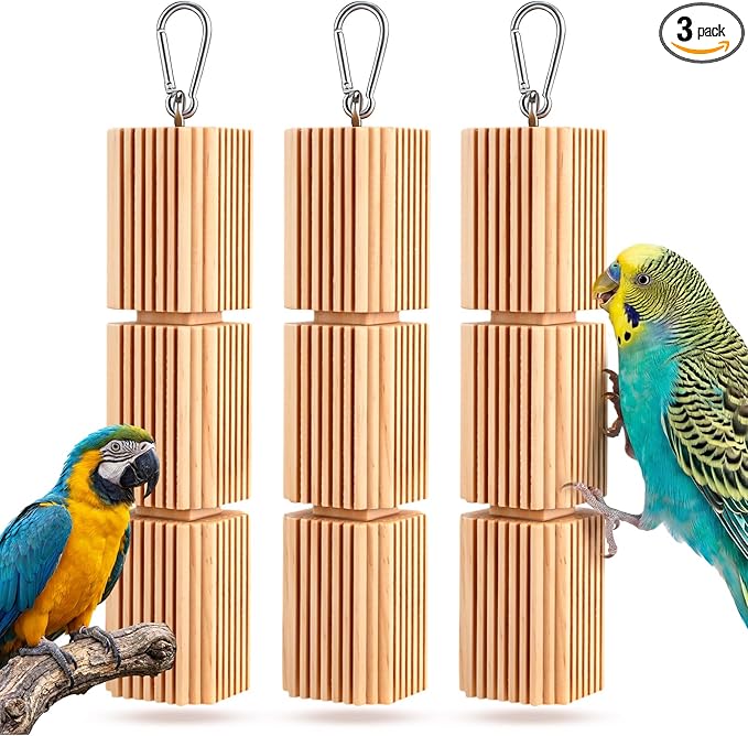 CroBlissful 3 Pcs Parrot Chew Toys Large Hanging Bird Toys for Parrot 9 Inch Natural Wooden Bird Foraging Toy Beak Grinding Blocks for Parakeet, Cockatiel, Conure, Lovebird, Macaws, African Grey