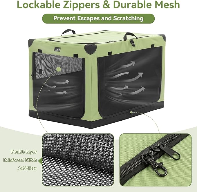 PETSFIT 26" Soft Portable Dog Crate – Patented Spiral Sturdy Frame, Collapsible Travel Kennel for Small Dogs, 3 Mesh Door, Lockable Zippers, Indoor & Car Use Green
