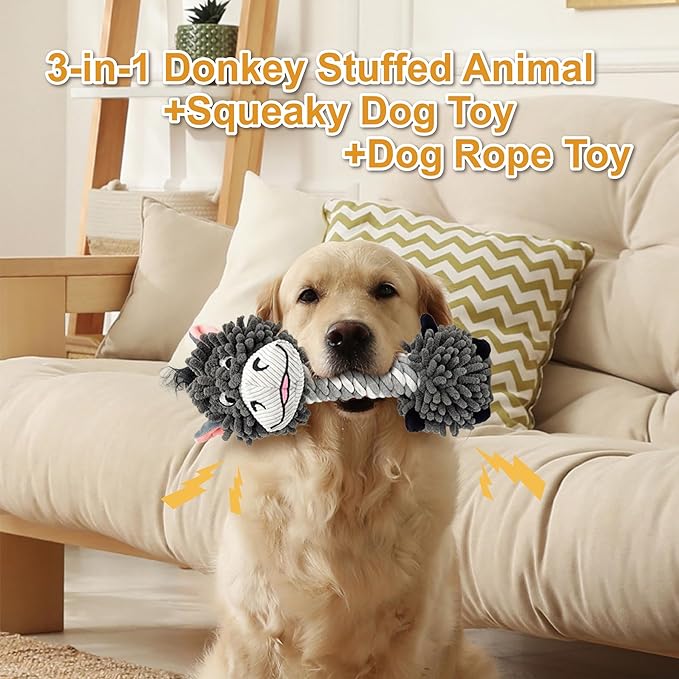 Grey Donkey Mop Plush Squeaky Dog Toy with Rope Neck Puppy Teething Chew Toy Cute Soft Funny Durable Interactive Tug of War Dog Rope Toy for Small Medium Large Dogs Toy Gift 28cm/11.02in
