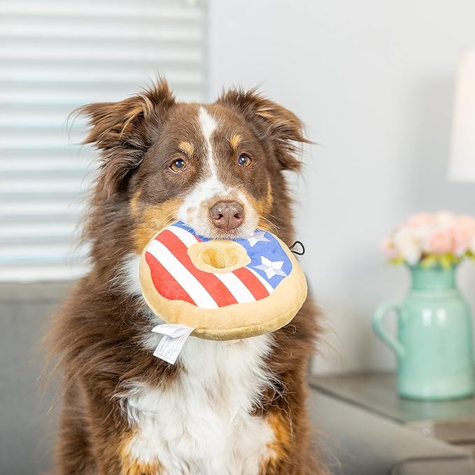 Huxley & Kent for Dogs | Stars & Stripes Donut (Small) | Power Plush Dog Toy with Squeaker | Funny Dog Gift | Fun, Durable, and Safe | H&K Squeaky Dog Toys