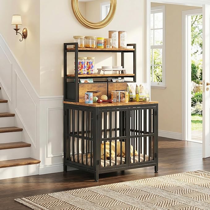 HIGDBFE Dog Crate Furniture with Drawer & Shelf, 25.5" Small Dog Crate with Lockable Doors, Indoor Dog Kennel Furniture for Medium, Small Dogs, Anti-Chew Dog Cage with Storage, Rustic Brown, 43.7" H