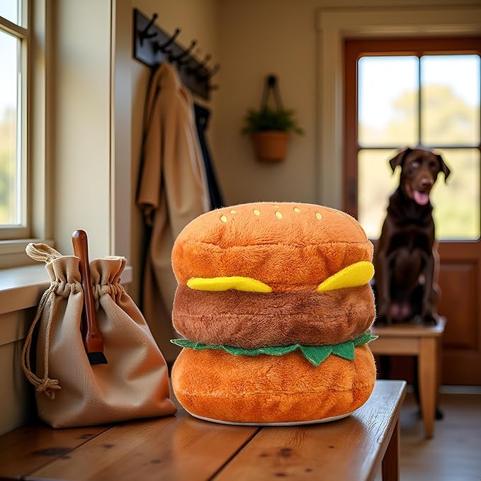 Hamburger Shape Dog Plush Squeaky Toy, Dog Squeak Toy for Pet Biteable Plush Chewing Squeeze Hamburger Bone Toy Biting Resistant Cat Soft Pet for Dogs, Squeak Toys