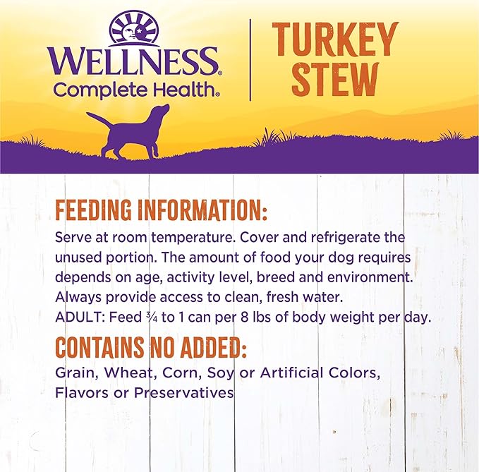 Wellness Complete Health Stew Adult Canned Wet Dog Food, Grain Free, Natural, Turkey Recipe, 12.5 oz, Pack of 12 Cans