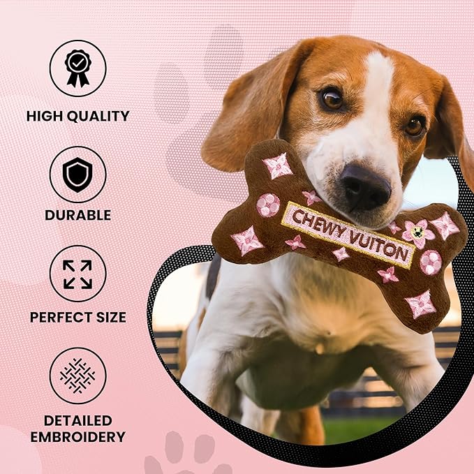 Dog Diggin Designs Chewy Vuiton Brown Blossom Plush Dog Toy Bone | Luxury-Inspired Parody Designer Bone with Squeaker, Soft Plush Chew & Play Dog Toy – Prêt-à-Porter Play!