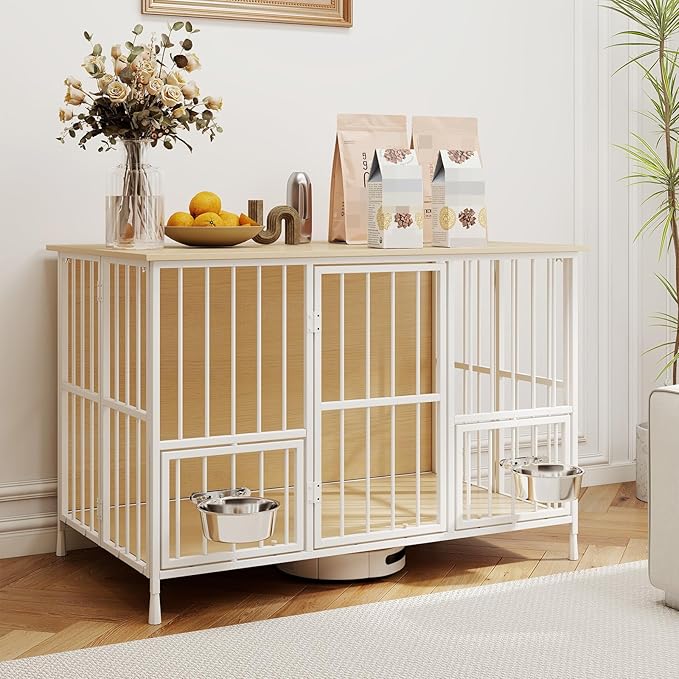 Hadulcet Foldable Dog Crate Furniture, 41'' No Assembly Indoor Dog Kennel with Storage Top, Wooden Dog Crate Table for Small to Medium Dogs, Furniture Style Dog Cage with 2 Bowls Oak