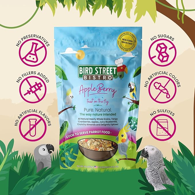Bird Street Bistro Parrot Food - Parakeet & Cockatiel Food - Cooks in 3-15 min w/Natural Grains, Legumes, Non-GMO Fruits, Vegetables & Healthy Spices