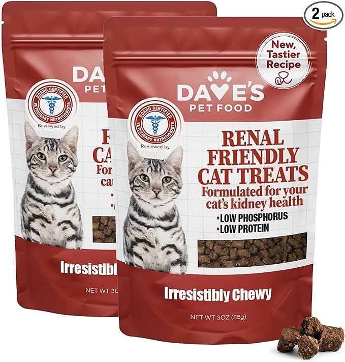 Dave's Pet Food Renal Cat Treats for Cat Kidney Support, (NEW Recipe!) Semi-Moist Healthy Treats with Kidney Support for Cats, Made in USA (2 Pack)