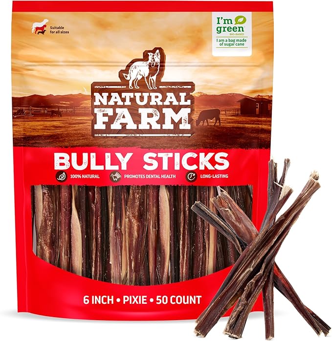 Natural Farm Pixie Bully Sticks (6 Inch, 50 Pack), Thin Pizzle Beef Treats, Grain-Free, High Protein, Best Rawhide Alternative for Small, Puppies or Senior Dogs