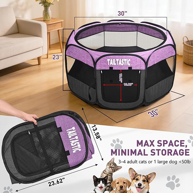 Portable Pet Playpen for Medium Dogs & Cats, Foldable Puppy Safety Pen with Removable Zipper Top, Breathable Mesh Dog Delivery Room, Indoor Isolation Cage for Pets (Purple, Medium)