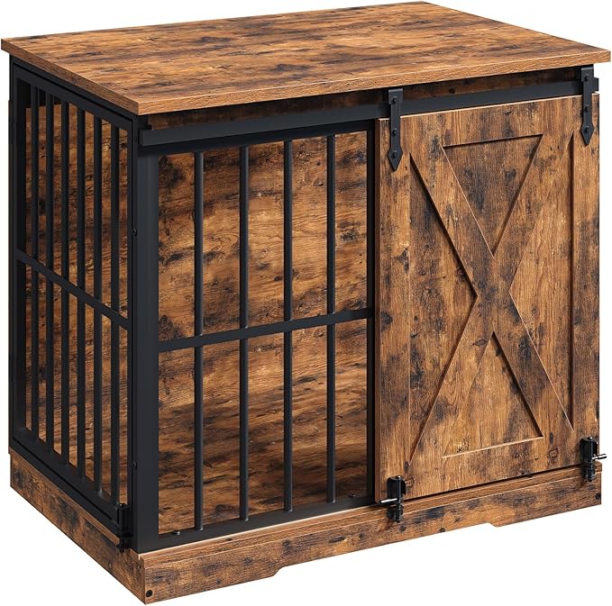MAHNACRIS 31.5" Farmhouse Dog Crate Furniture with Barn Door, Heavy Duty Dog Kennel for Small Medium Dogs, Wooden Dog Cage End Table, Decorative Pet House, Chew Resistant, Rustic Brown DCHR8001