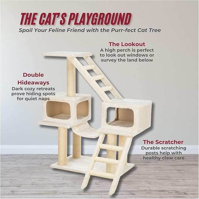 TRIXIE Malaga Cat Tower – Cat Tree with Extra-Thick Sisal Posts, Caves, Platforms & Hammock – Durable Cat Furniture for Indoor Cats – Beige, 18" x 28" x 43"