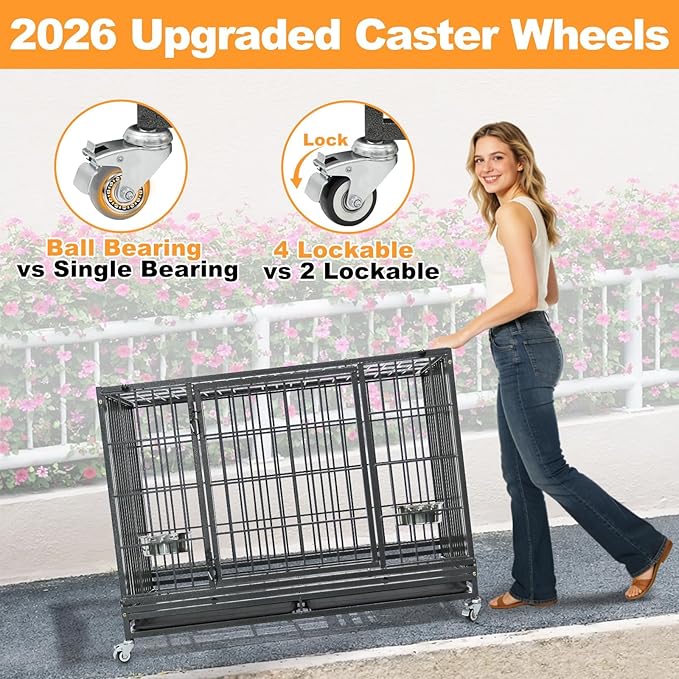 Homey Pet Heavy Duty Dog Crates for Large Dogs, 47 Inch Stackable Large Dog Crate Cage with 4 Wheels, 2 Removable Trays and Grids, 2 Bowls, Multi Locks Strong & Solid Escape Proof Dogs Kennel Indoor
