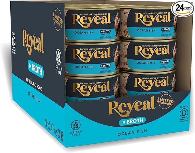 Reveal Natural Wet Canned Cat Food, Limited and Natural Ingredients, Grain Free, High Protein with No Artificial Additives, Ocean Fish in Broth (24 x 2.47 oz Cans)