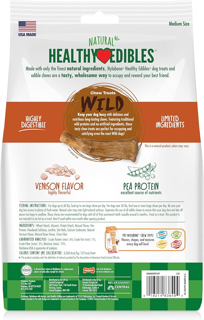 Nylabone Healthy Edibles WILD Natural Dog Chew Treats for Large Dogs, Long Lasting Dog Healthy Chew Antler Bone Made in USA, Venison Flavor, For Dogs Up to 50 lbs. (10 Count)