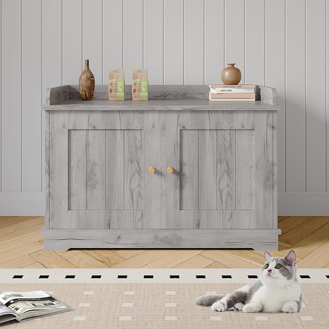 Cat Litter Box Enclosure Furniture with Barn Door & Display Shelf, Wooden Hidden Litter Box Cover, Dog-Proof Design for Multiple Cats, Modern Cat House Furniture to Fit Most Litter Boxes - Grey