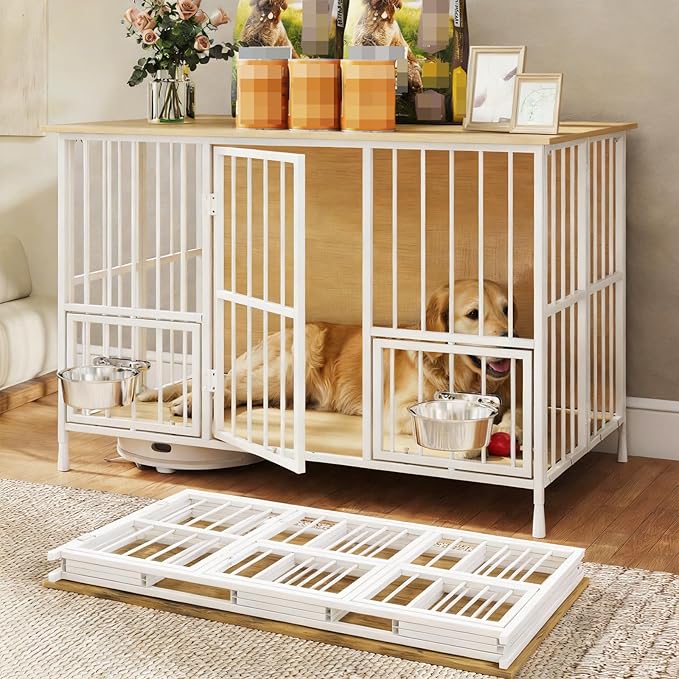 Hadulcet Foldable Dog Crate Furniture, 41'' No Assembly Indoor Dog Kennel with Storage Top, Wooden Dog Crate Table for Small to Medium Dogs, Furniture Style Dog Cage with 2 Bowls Oak
