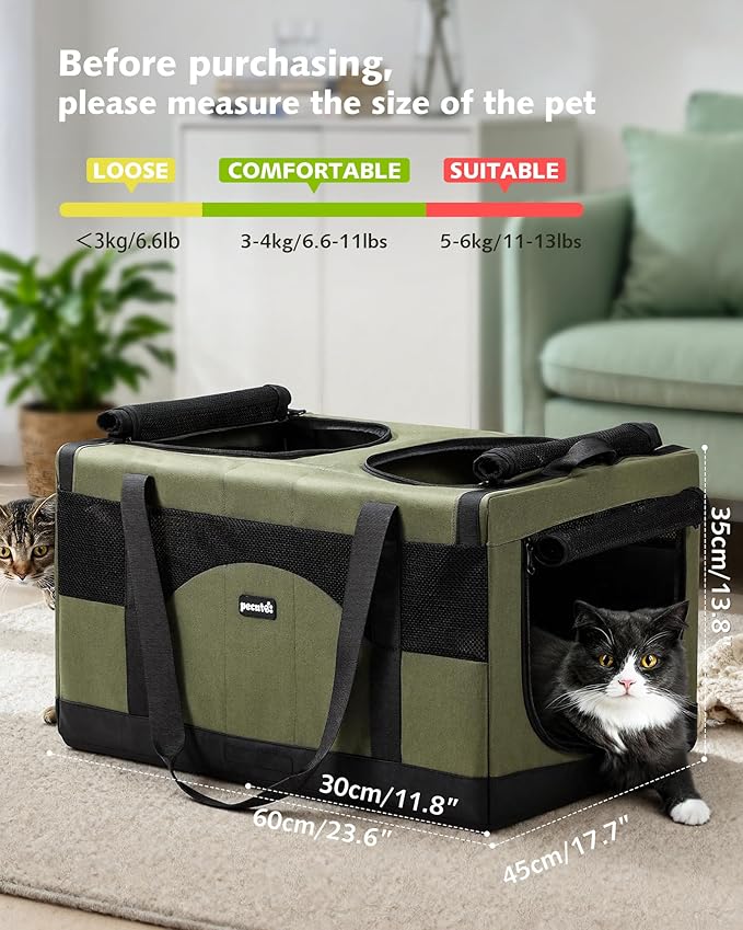 Pecute Dual Compartment Pet Carrier for Multi-Cat Families & Small Dog Owners, Collapsible Dog Crate with Reinforced Steel Frame, Car Safety Design for Travel, Vet Visits & Home Use, Green