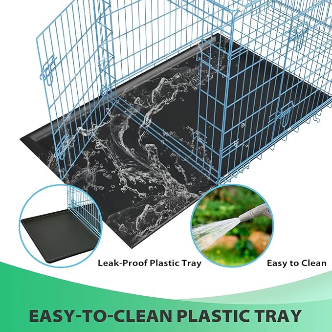 Large Dog Crate Metal Wire Double-Door Folding Pet Cage with Plastic Tray & Handle - Portable Dog Crate for Travel, Dog Travel Crate, Dog Cage for Small Dogs (Blue, 24")