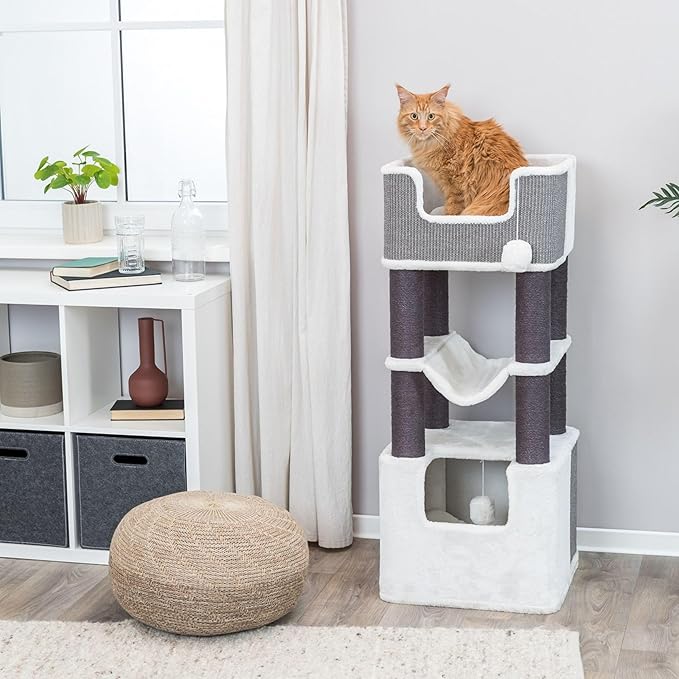 Trixie Lucano 43.3-in XXL Cat Tree, Indoor Cat Furniture with Jute Scratching Posts, Sisal and Plush Covered Condo, Dangling Interactive Toys, Gray
