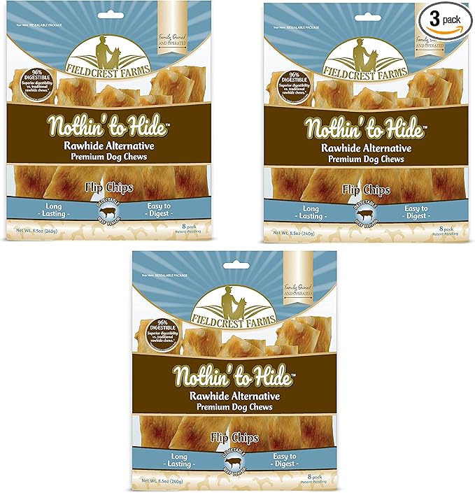 Fieldcrest Farms Nothin to Hide Flip Chips Dog Chews - Natural Rawhide Alternative Treats for Dogs, Chicken, Beef or Peanut Butter Flavor Snack for All Breed Dogs - 3 Pack (Beef)