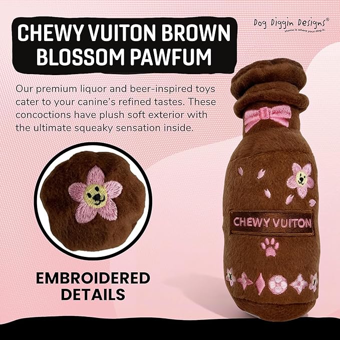 Dog Diggin Designs Chewy Vuiton Brown Blossom Pawfum Plush Dog Toy Bottle | Luxury-Inspired Parody Designer Perfume Bottle with Squeaker, Soft Plush Fashion Dog Toy – Prêt-à-Porter Play!