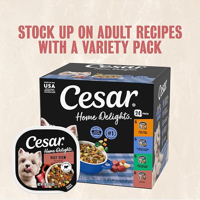 Cesar Home Delights Adult Soft Wet Dog Food Beef Stew, 3.5 oz. Easy Peel Dog Food Tray, 24 Count (Pack of 1)