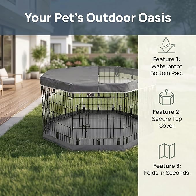PJYuCien Dog Playpen with Top Cover and Bottom Pad - Metal Foldable Exercise Pen, 8 Panels 36" H x 24" W Indoor Outdoor Pet Fence Puppy Crate Kennel, Gray
