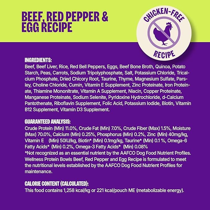 Wellness Protein Bowls Adult Wet Dog Food, Fresh Alternative, Wholesome Grains, Natural, Beef, Red Pepper, and Egg Recipe, 6.2 oz, Pack of 6 Pouches