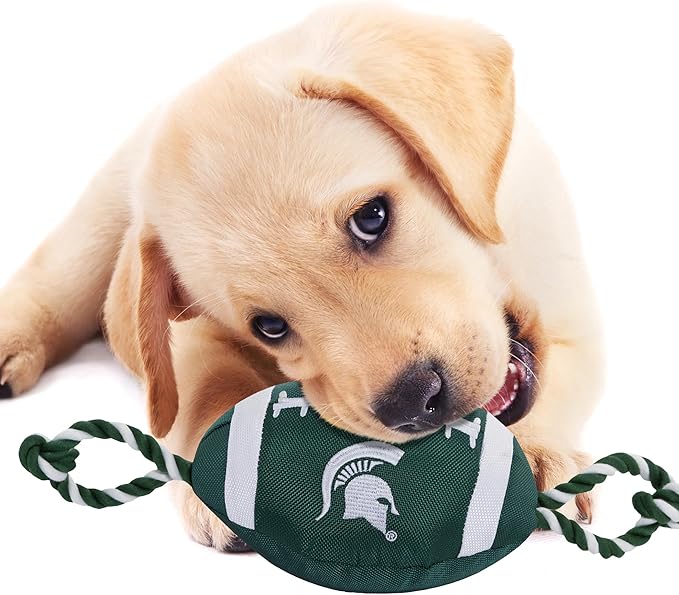 NCAA Michigan State Spartans Football Dog Toy, Tough Quality Nylon Materials, Strong Pull Ropes, Inner Squeaker, Collegiate Team Color
