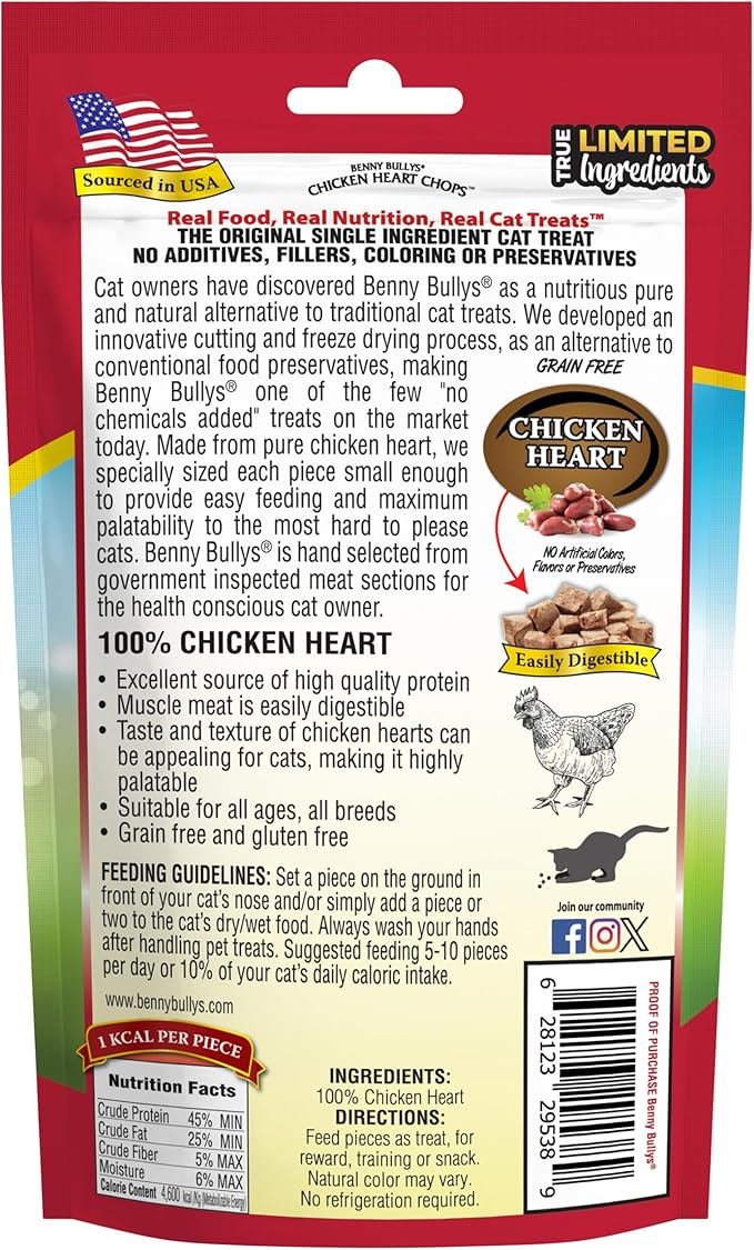 Benny Bullys Chicken Heart Chops - Freeze Dried Cat Treats - 20g/ 0.7oz (4 Pack)
