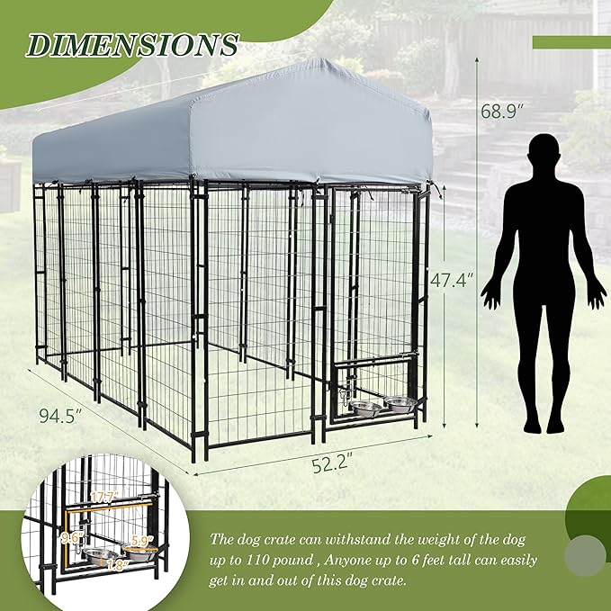 Outdoor Dog Kennel, 8x4x5.7 FT Dog Enclosure with Waterproof Roof Cover & 2 Rotating Dog Bowls for Large Dogs, Welded Wire Steel Outside Dog Fence Dogs Exercise with Secure Lock