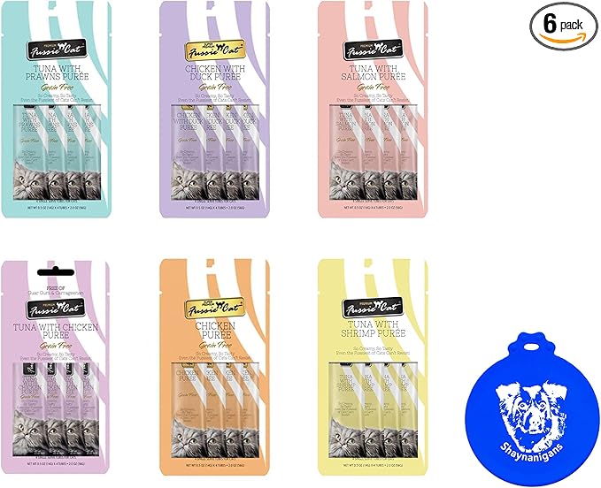 Fussie Cat Puree Grain Free Treat in 6 Flavors: Tuna/Prawns, Chicken/Duck, Chicken, Tuna/Salmon, Tuna/Ocean Fish, and Tuna/Shrimp (6 Four-Tube Packs, 24 Tubes Total, 0.5 Ounce/Tube) Plus Silicone Lid