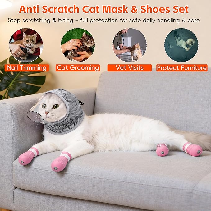 Adjustable Cat Muzzle for Grooming & Biting Prevention, Upgrade Kitten Head Cover,Breathable Anti-Bite Cat Mask with 4 Anti-Scratch Gloves Boots Silicone Shoes for Nail Trim Bath Vet Visit (Grey, S)