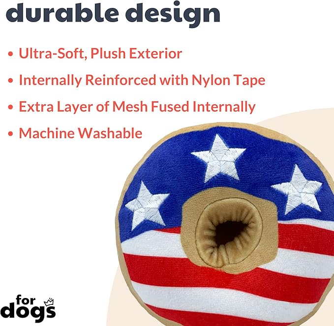Huxley & Kent for Dogs | Stars & Stripes Donut (Small) | Power Plush Dog Toy with Squeaker | Funny Dog Gift | Fun, Durable, and Safe | H&K Squeaky Dog Toys