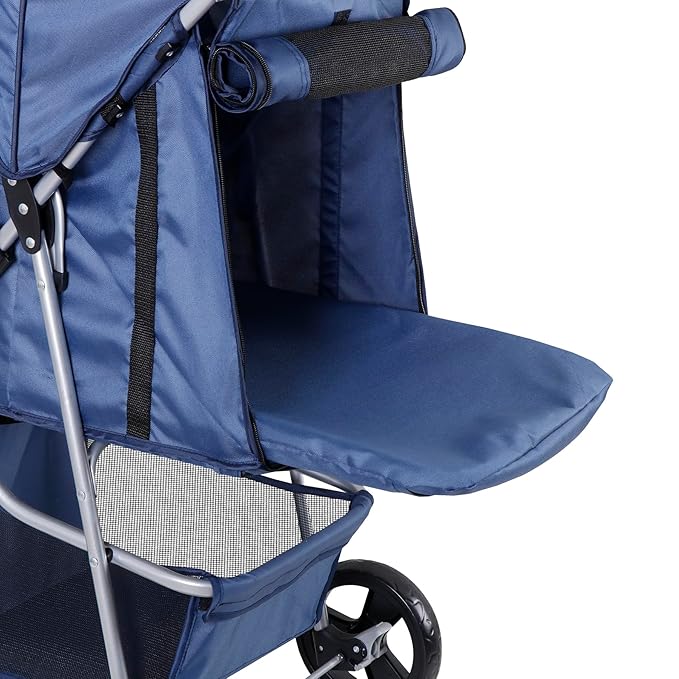 4 Wheels Foldable Pet Dog Cat Jogger Stroller Travel Carrier Strolling Cart w/Waterproof Cover Storage Basket Cup Holder & Removable Liner for Medium Small Cat Dog, Navy Blue