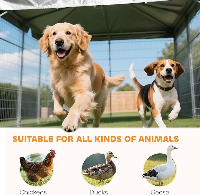 PawHut Outdoor Dog Kennel with 2 Rooms, 8' x 4' x 6' Heavy Duty Welded Wire Dog Playpen Enclosure with Escape-Proof Lock, UV-Resistant & Waterproof Cover, for Large Dogs, Chickens, Ducks, Silver