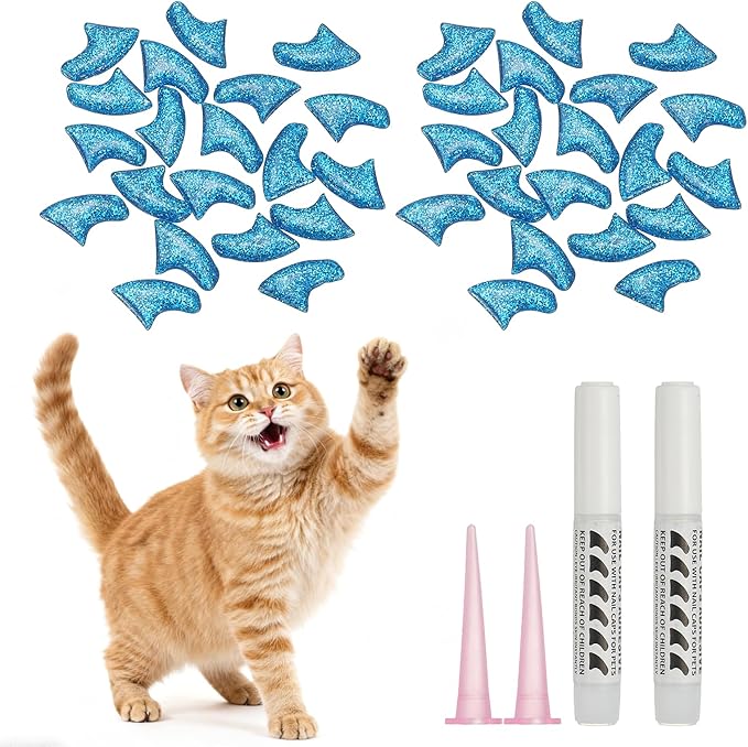Cat Nail Caps, Cat Claw Covers with Adhesive Glue and Applicators, Kitten Claw Caps Soft Paws, (40 Pcs, M, Crystal Blue), Intended for Pet Tips/Nail Covers/Control Paws