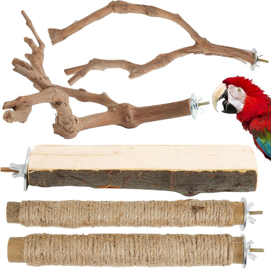 Bird Perch Stand, Pole Standing Natural Wood Bird Perch Set 5PCS Paw Grinding Fork Parrot Cage Branch with Rope for Macaw African Grey Amazon Pet Medium Birds Cage Accessories