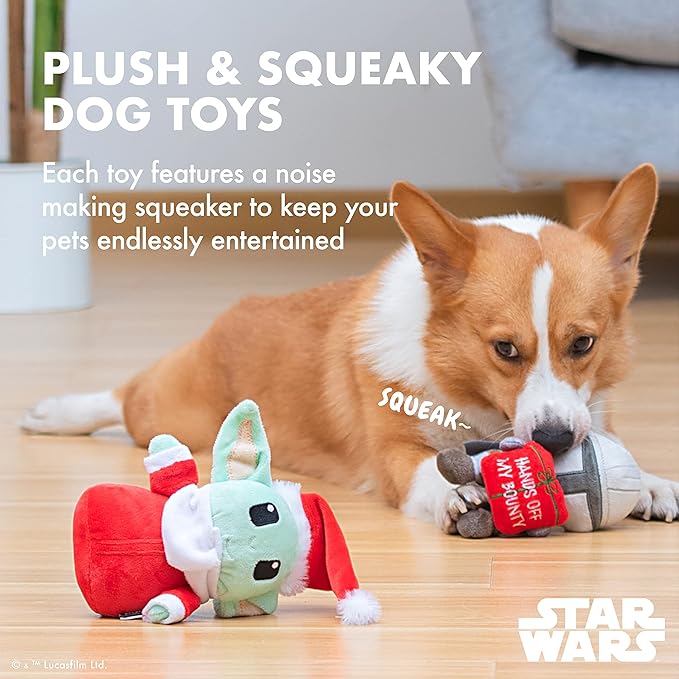 STAR WARS for Pets 6" Holiday 2Pc Set The Mandalorian w/Present & GROGU Santa Plush Set - 2pc | The Mandalorian Holiday Pet Products GROGU | The Child Squeaky Pet Toy Fans (FF24683)