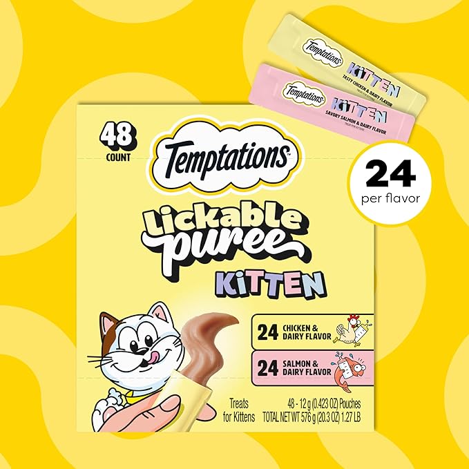 Temptations Puree Kitten Treats Lickable, Chicken and Salmon Variety Pack, 48 Pouches