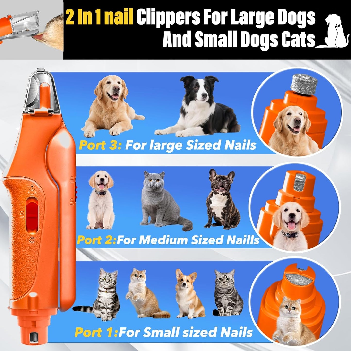 2-in-1 Cat Nail Clippers & Dog Nail Clippers Trimmers for Large Medium Small Dogs Cats Claw Trimmer Quick Sensor and Safety Guard USB Rechargeable with 2 LED Lights Dogs Nail Trimmer
