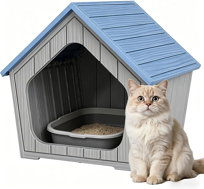 Multi-use Cat Litter Box Enclosure with Spacious Door, Plastic Hidden Litter Box & Cat Bed with Hidden Air Hole, Cabin-Style Cat House Suitable for Warm Outdoor and Indoor Use, Blue