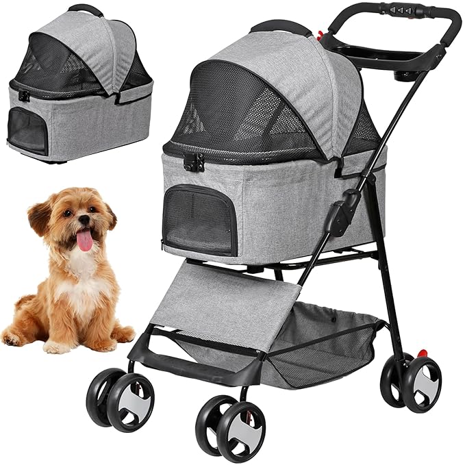 4 Wheels Foldable Pet Dog Cat Jogger Stroller Travel Carrier Strolling Cart w/Waterproof Cover Storage Basket Cup Holder & Detachable Carrier for Medium Small Cat Dog, Grey