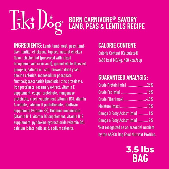Tiki Dog Born Carnivore Dog - Dog Dry Food - Baked Kibble - Lamb - 3.5 lbs Bag