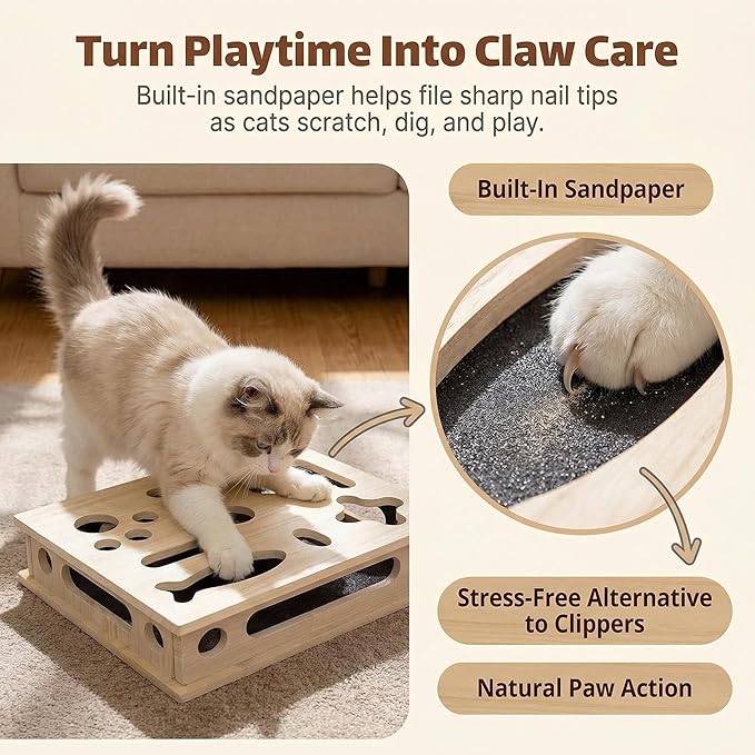 Cat Scratch Puzzle Box, Cat Nail File Box, Cat Enrichment Toy for Indoor Cats, Solid Wood Treat Puzzle Maze with Built-in Sandpaper, Stable Lock-Fit Interactive Claw Care Toy