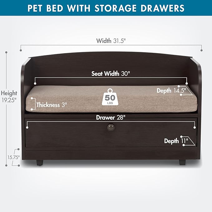 Paws & Purrs Cat Sofa Bed with Storage Drawer, Espresso Finish, 31.5″ x 15.75″ x 19.25″ | 3″ Foam Cushion with Washable Cover | Fits Dogs and Pets up to 50 lb