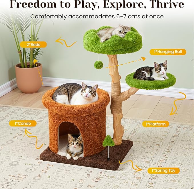 Cat Tree Tower, 32-Inch Multi-Level Natural Wooden Cat Furniture with Sisal Scratching Posts, Beds & Condo, Cute Cat Tree for Indoor Cats, Multi-Cat House Hold solds