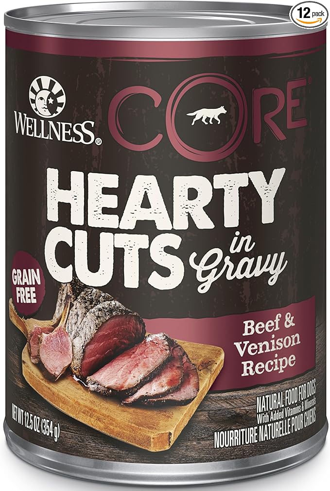 Wellness CORE Hearty Cuts Adult Canned Wet Dog Food, Grain Free, Natural, Beef and Venison Recipe, 12.5 oz, Pack of 12 Cans